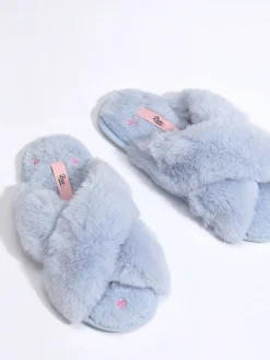 Boux Avenue Bow Embroidered Cross Band Slider Slippers Blue Outlet