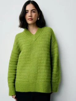 Next Ribbed Longline V-Neck Jumper With Wool Bright Green Clearance