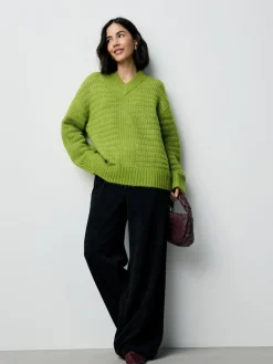 Next Ribbed Longline V-Neck Jumper With Wool Bright Green Clearance