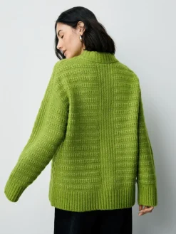 Next Ribbed Longline V-Neck Jumper With Wool Bright Green Clearance