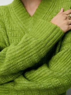 Next Ribbed Longline V-Neck Jumper With Wool Bright Green Clearance