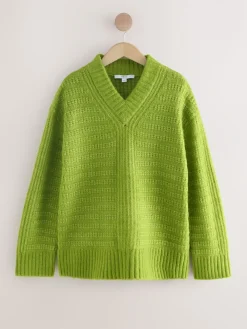 Next Ribbed Longline V-Neck Jumper With Wool Bright Green Clearance