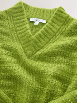 Next Ribbed Longline V-Neck Jumper With Wool Bright Green Clearance