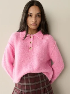 Next Boucle Long Sleeve Polo Jumper Bright Pink Outlet