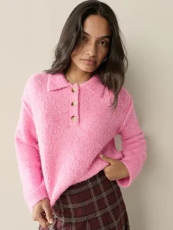 Next Boucle Long Sleeve Polo Jumper Bright Pink Outlet