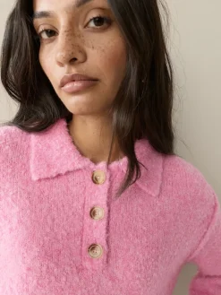 Next Boucle Long Sleeve Polo Jumper Bright Pink Outlet