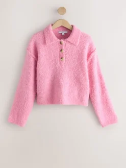 Next Boucle Long Sleeve Polo Jumper Bright Pink Outlet