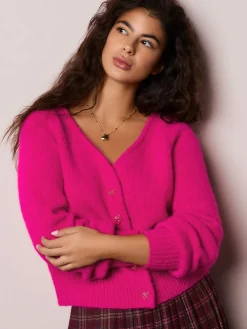 Next Heart Button Cardigan With Wool Bright Pink New
