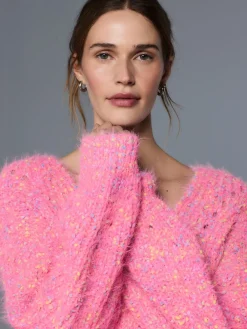 Next Fuzzy Texture V-Neck Knitted Jumper Bright Pink Neppy Sale