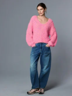 Next Fuzzy Texture V-Neck Knitted Jumper Bright Pink Neppy Sale