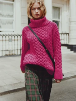 Next Roll Neck Cable Longline Jumper with Wool Bright Pink Hot