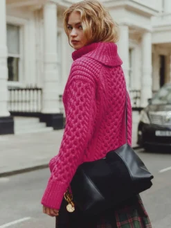 Next Roll Neck Cable Longline Jumper with Wool Bright Pink Hot