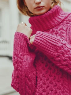 Next Roll Neck Cable Longline Jumper with Wool Bright Pink Hot