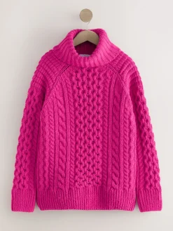 Next Roll Neck Cable Longline Jumper with Wool Bright Pink Hot