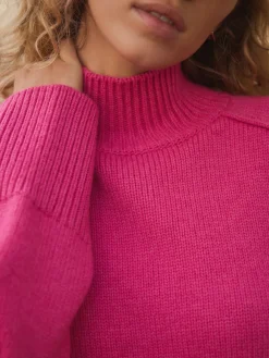 Next Stand Neck Chunky Knit Jumper With Wool Bright Pink New