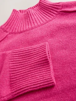 Next Stand Neck Chunky Knit Jumper With Wool Bright Pink New