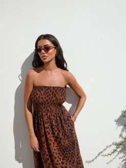 Next Print Bandeau Frill Summer Midi Dress Brown Animal Discount