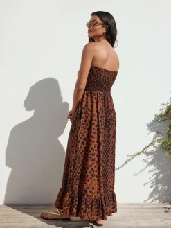 Next Print Bandeau Frill Summer Midi Dress Brown Animal Discount