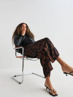 Next Satin Crinkle Wide Leg Trousers Brown Animal Print Outlet