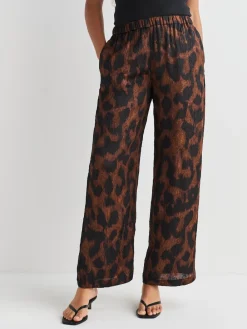 Next Satin Crinkle Wide Leg Trousers Brown Animal Print Outlet