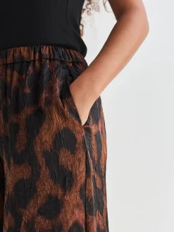 Next Satin Crinkle Wide Leg Trousers Brown Animal Print Outlet