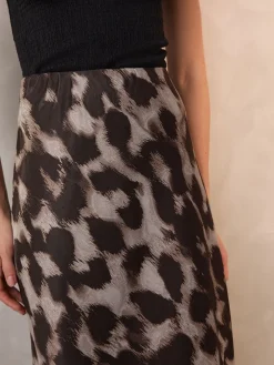 Next Satin Midi Skirt Brown Animal Print