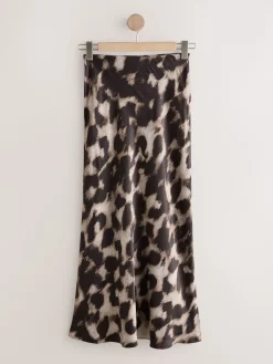 Next Satin Midi Skirt Brown Animal Print