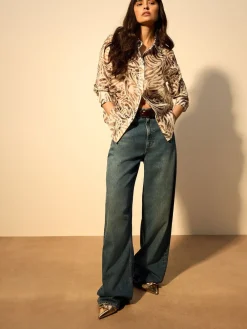 Next Sheer Long Sleeve Shirt Brown Animal Print Clearance