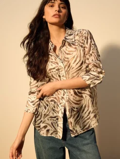 Next Sheer Long Sleeve Shirt Brown Animal Print Clearance