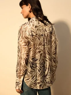 Next Sheer Long Sleeve Shirt Brown Animal Print Clearance