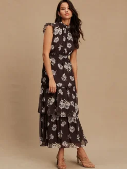 Next Printed High Neck Tiered Occasion Maxi Dress Brown Floral Best