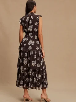 Next Printed High Neck Tiered Occasion Maxi Dress Brown Floral Best