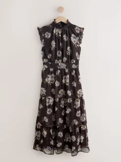 Next Printed High Neck Tiered Occasion Maxi Dress Brown Floral Best