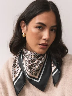 Next Brown Geometric Print Satin Square Scarf New