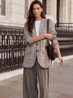 Next Brown N.Premium Check Linen Rich Single Breasted Blazer