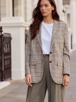 Next Brown N.Premium Check Linen Rich Single Breasted Blazer