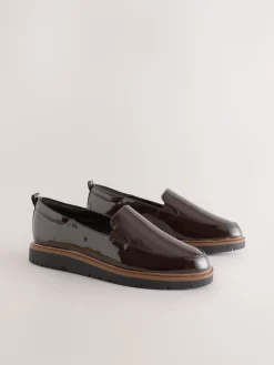Next Brown Patent Extra Wide Fit Forever Comfort® Slip On Clean Chunky Sole Loafers
