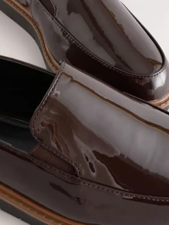 Next Brown Patent Extra Wide Fit Forever Comfort® Slip On Clean Chunky Sole Loafers