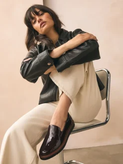 Next Standard/Wide Fit Forever Comfort® Slip On Clean Chunky Sole Loafers Brown Patent Sale