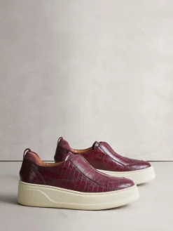 Next Signature Leather Chunky Wedge Platform Trainers Burgundy Croc Effect