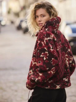 Next Jacquard Teddy Borg Quarter Zip Fleece Sweatshirt Burgundy Red Floral Hot