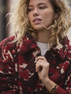 Next Jacquard Teddy Borg Quarter Zip Fleece Sweatshirt Burgundy Red Floral Hot