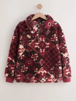 Next Jacquard Teddy Borg Quarter Zip Fleece Sweatshirt Burgundy Red Floral Hot