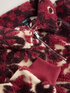 Next Jacquard Teddy Borg Quarter Zip Fleece Sweatshirt Burgundy Red Floral Hot