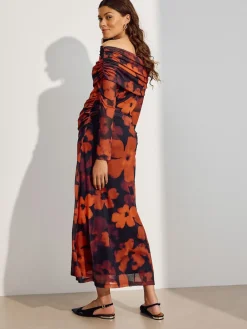 Next Maternity Mesh Bardot Dress Burgundy Red Floral Best