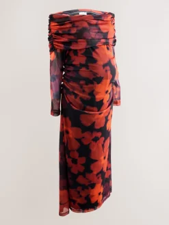 Next Maternity Mesh Bardot Dress Burgundy Red Floral Best