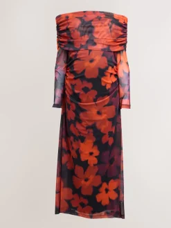 Next Maternity Mesh Bardot Dress Burgundy Red Floral Best