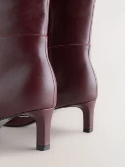 Next Knee High Skinny Heeled Boots Burgundy Red Leather