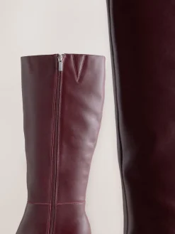 Next Knee High Skinny Heeled Boots Burgundy Red Leather
