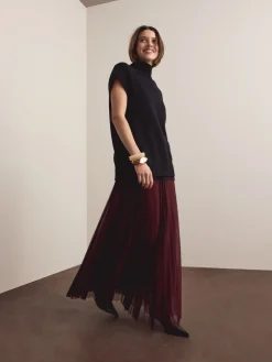 Next Mesh Pleated Maxi Skirt Burgundy Red Online